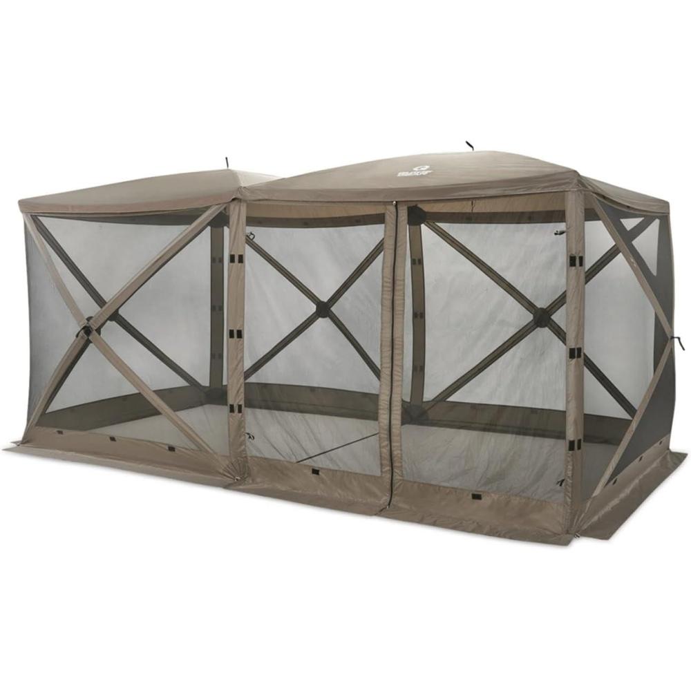 image:imageGuide Gear Double Room Pop Up Outdoor Screen House Screened Canopy Tent for Backyard Camping Deck with Wind Panels and Zip Windows and Door 190 x 95 Brown