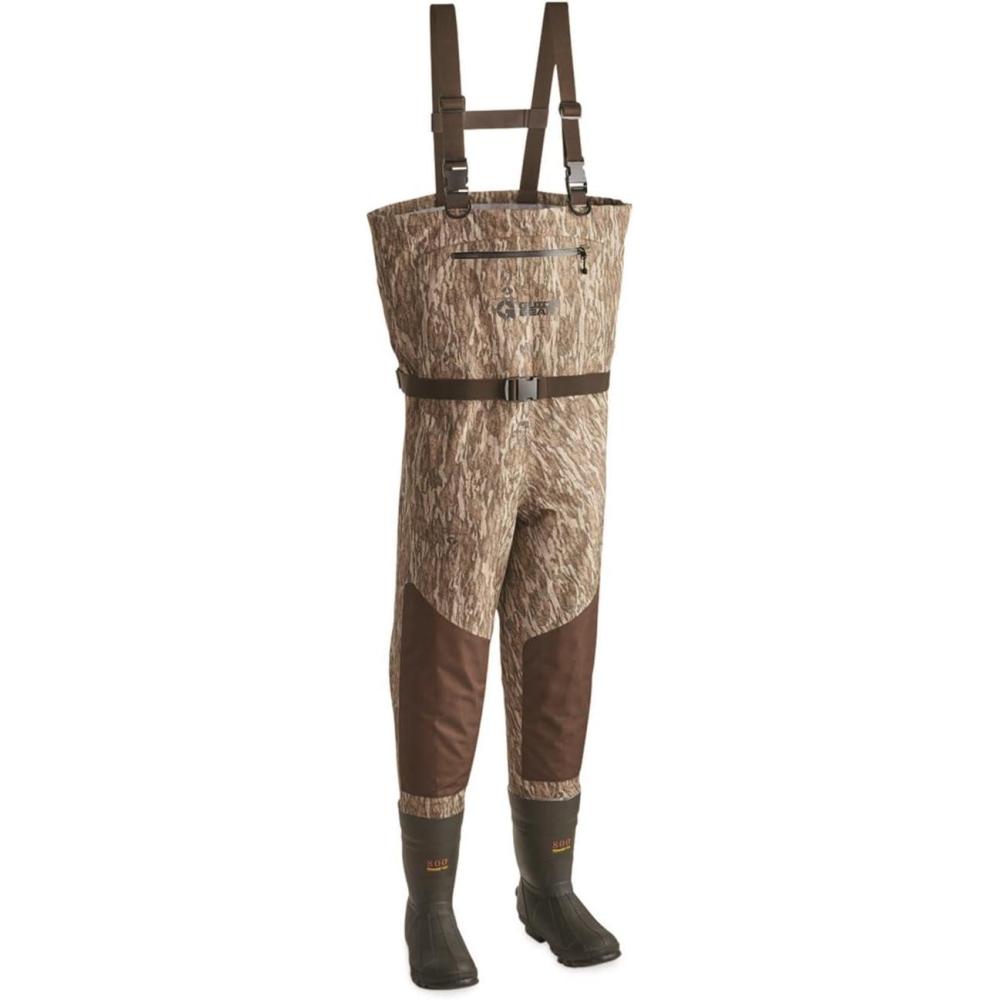 image:imageGuide Gear Mens Breathable Hunting Chest Waders with Boots Camo with 800Gram Insulation Stout SizesMossy Oak Bottomland