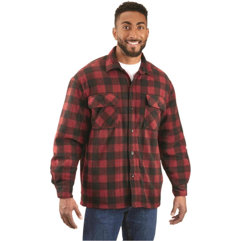 image:imageGuide Gear Mens SherpaLined CPO Shirt Jacket Fleece Long Sleeve Hunting ShirtsMaroonBlack Buffalo Plaid