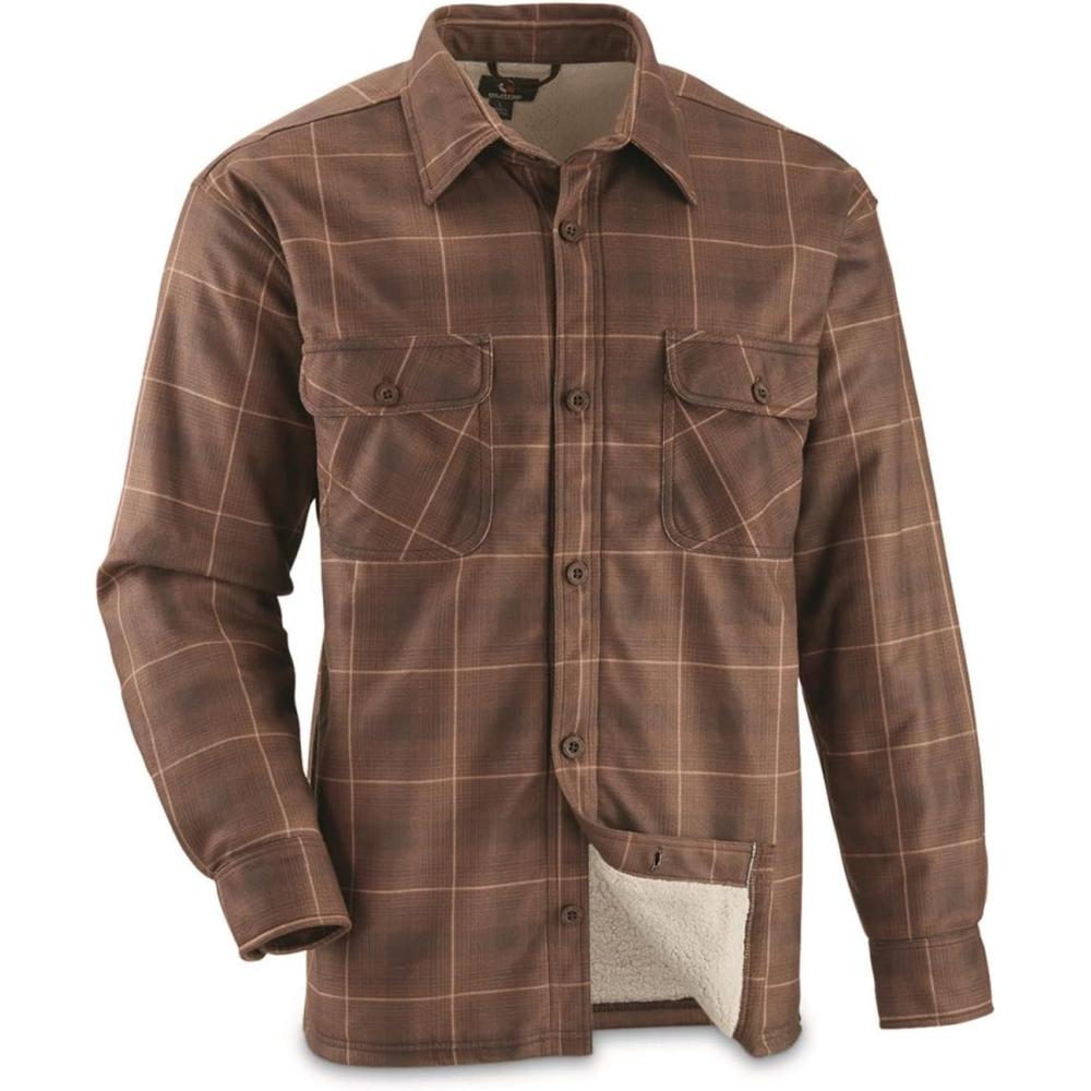 image:imageGuide Gear Plaid Sherpa Lined Fleece CPO Long Sleeve Shirt Jacket for Work Hunting or Casual Wear for MenRusset Plaid