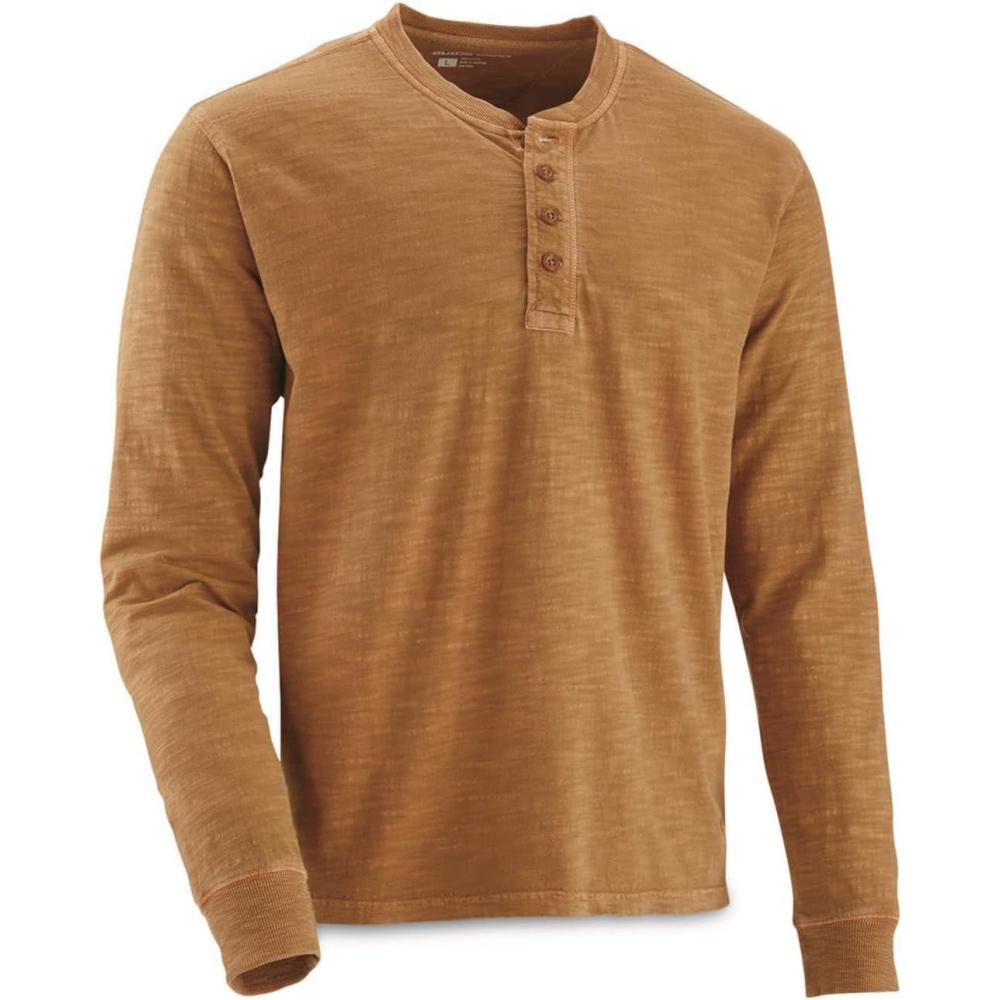 image:imageGuide Gear Washed Henley LongSleeve Tee Outdoors Shirt for Camping Fishing Hiking or WorkingRusset