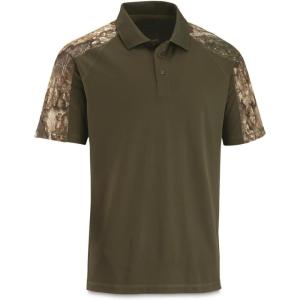 Guide Gear Men’s Camo Detail Polo Shirt; Outdoors Clothing for Hunting, Fishing, Hiking or Working(Olive/Realtree Apx)