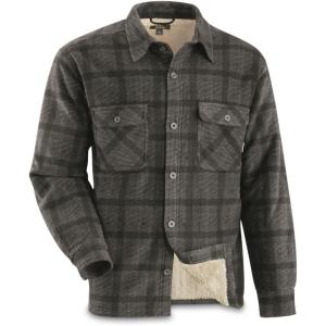 Guide Gear Plaid Sherpa Lined Fleece CPO Long Sleeve Shirt Jacket; for Work, Hunting or Casual Wear for Men(Carbon Plaid)