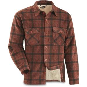Guide Gear Plaid Sherpa Lined Fleece CPO Long Sleeve Shirt Jacket; for Work, Hunting or Casual Wear for Men(Red Plaid)