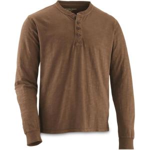 Guide Gear Washed Henley Long-Sleeve Tee; Outdoors Shirt for Camping, Fishing, Hiking or Working(Dark Brown)