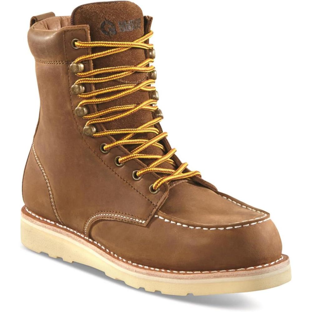image:imageGuide Gear 8 Wedge Moc Toe Work Boots for Men Leather Construction MidHigh Shoes MoistureWicking LiningBrown