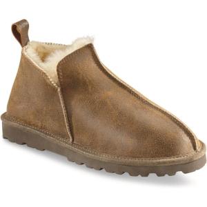 Guide Gear Double-Face Shearling Mens Boot Slippers, Leather, Fur-Lined, Warm, Lounge Booties, Bedroom House Shoes, Indoor and Outdoor(Brown Bomber)