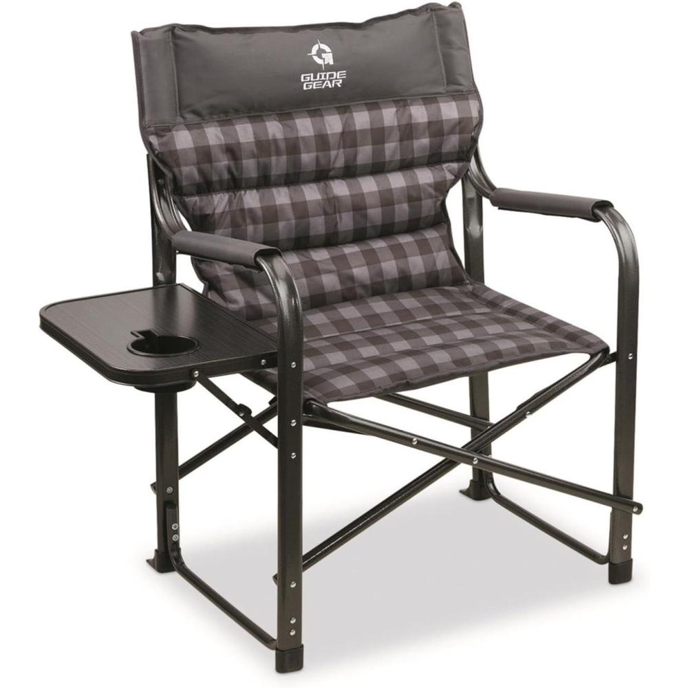 image:imageGuide Gear XL Comfort Padded Directors Camp Chair 400lb Capacity for Camping Fishing or by The Beach and Swimming Pool GreenGray Plaid