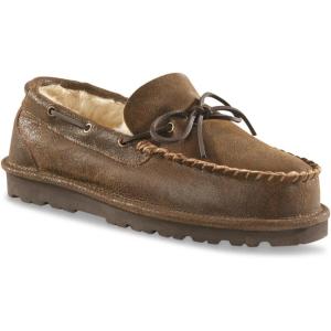 Guide Gear Double-Face Shearling Mens Moccasin Slippers, Leather, Fur-Lined Warm, Slip-On, Pull-On Lounge Shoes, Bedroom House Slippers, Indoor and Outdoor(Brown Bomber)