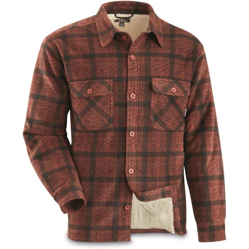 image:imageGuide Gear Plaid Sherpa Lined Fleece CPO Long Sleeve Shirt Jacket for Work Hunting or Casual Wear for Men Red Plaid 2XL Tall