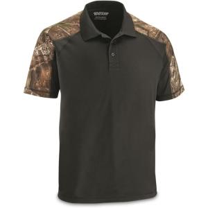 Guide Gear Men’s Camo Detail Polo Shirt; Outdoors Clothing for Hunting, Fishing, Hiking or Working Black/RT APX XL