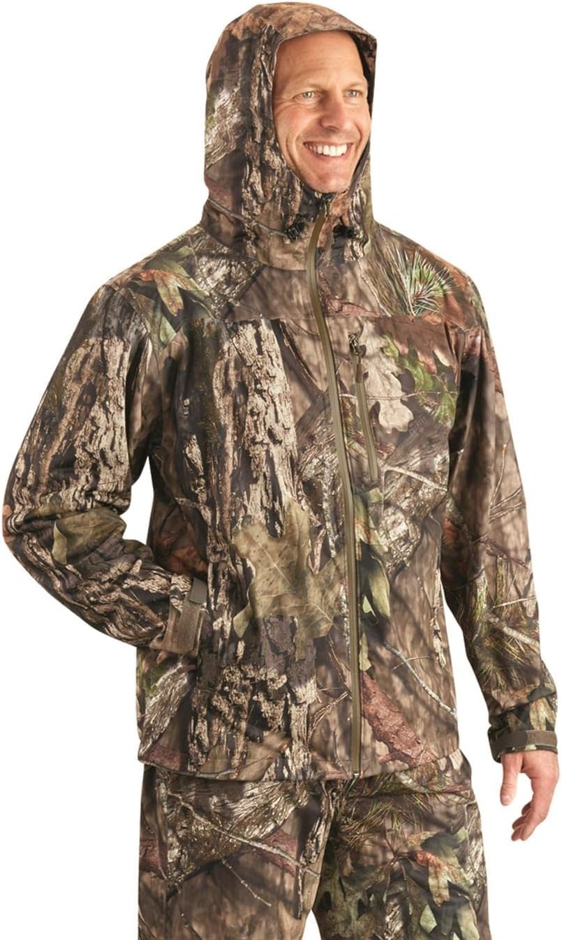 image:imageGuide Gear Mens Stretch Waterproof Rain Jacket with Hood Breathable Lightweight for Hunting OutdoorsMossy Oak Breakup Country